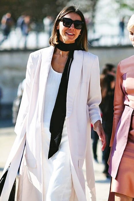 le-fashion-blog-street-style-pfw-square-sunglasses-black-skinny-scarf-white-blazer-long-dress-via-refinery29