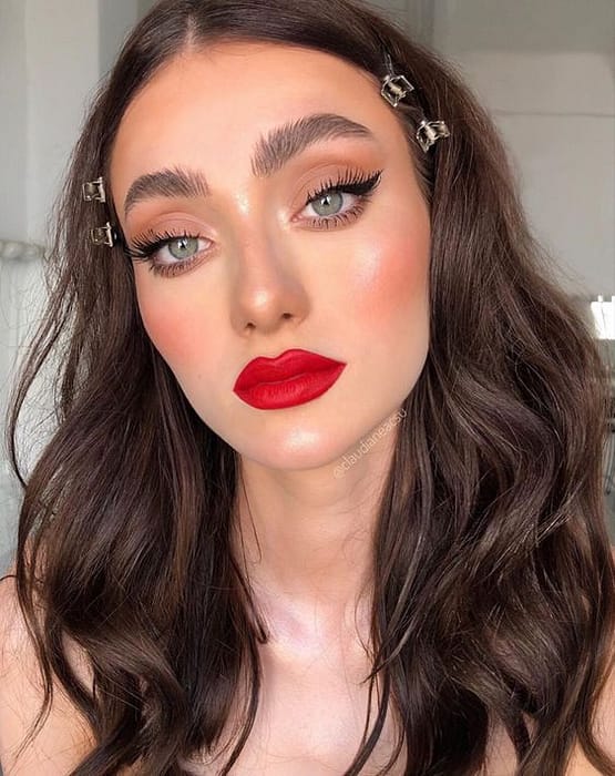 red lips and eyeliner makeup, glam makeup